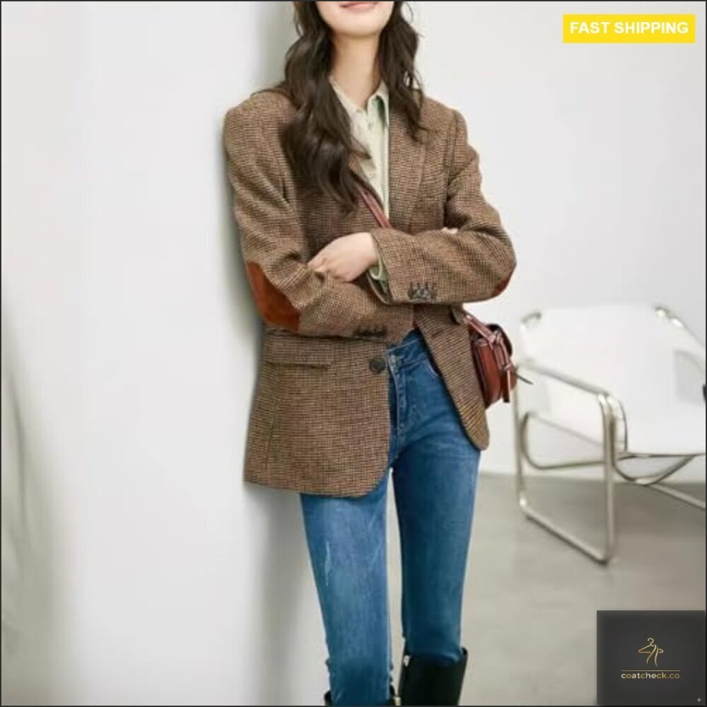 Wool Blend Blazer Classic Plaid Business Casual Work Coat Elegant Retro - Picture 7 of 7